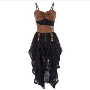 Women's Goth Steampunk Dress Faux Leather and Lace Size XL